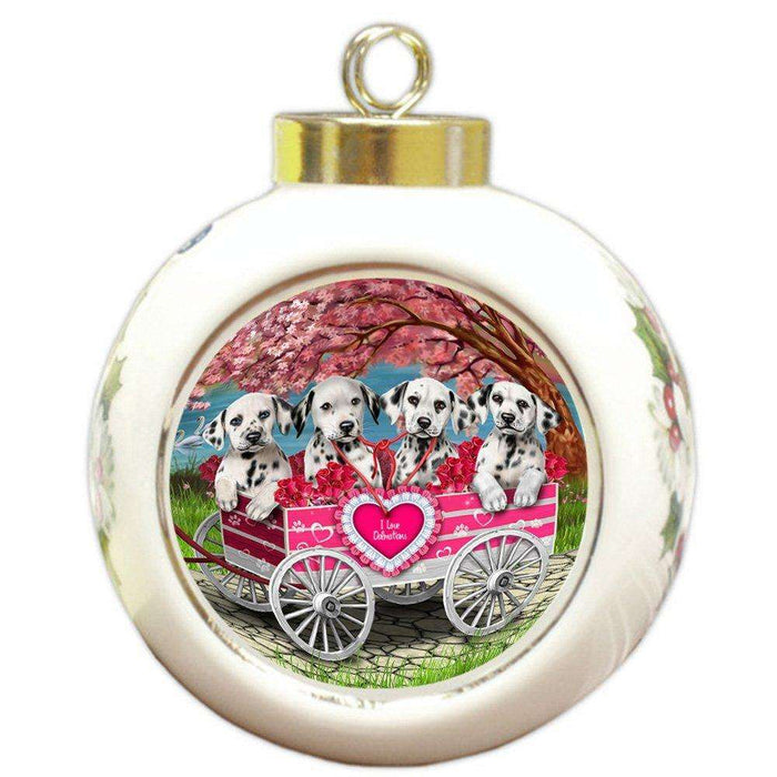 I Love Dalmatians Dog in a Cart Round Ball Christmas Ornament RBPOR48139