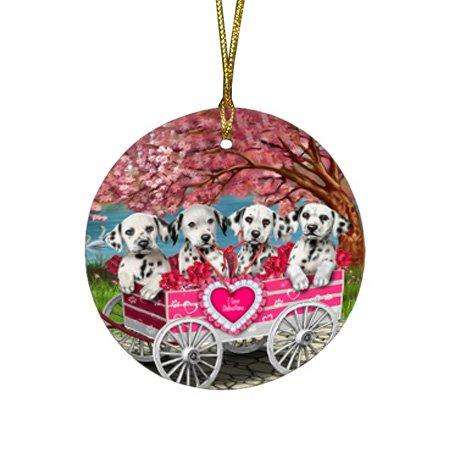 I Love Dalmatians Dog in a Cart Round Christmas Ornament RFPOR48130