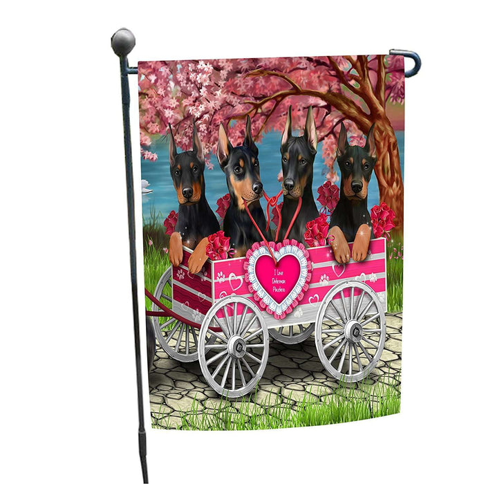 I Love Doberman Pinscher Dogs in a Cart Garden Flag