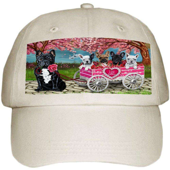I Love French Bulldog Dogs in a Cart Ball Hat Cap Off White