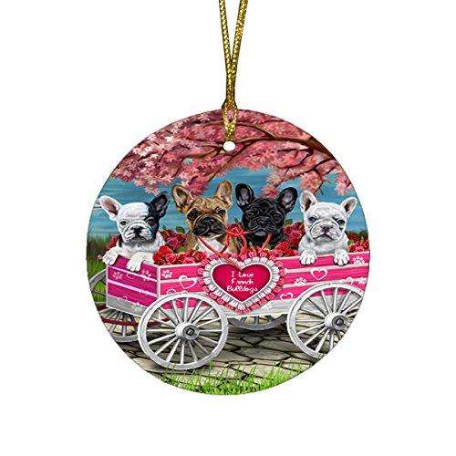 I Love French Bulldog Dogs in a Cart Round Christmas Ornament
