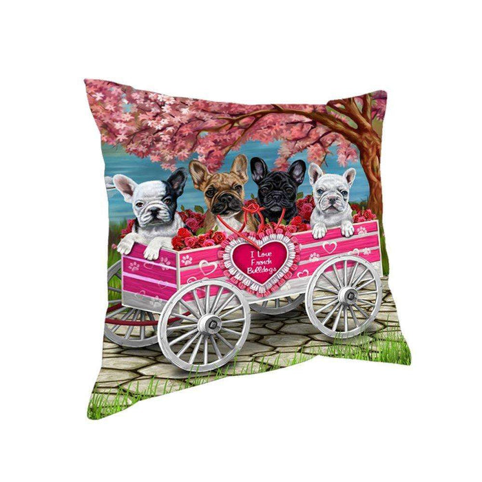 I Love French Bulldog Dogs in a Cart Throw Pillow