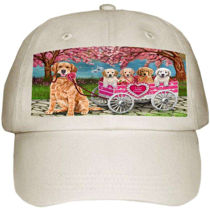 I Love Golden Retrievers Dogs in a Cart Ball Hat Cap Off White