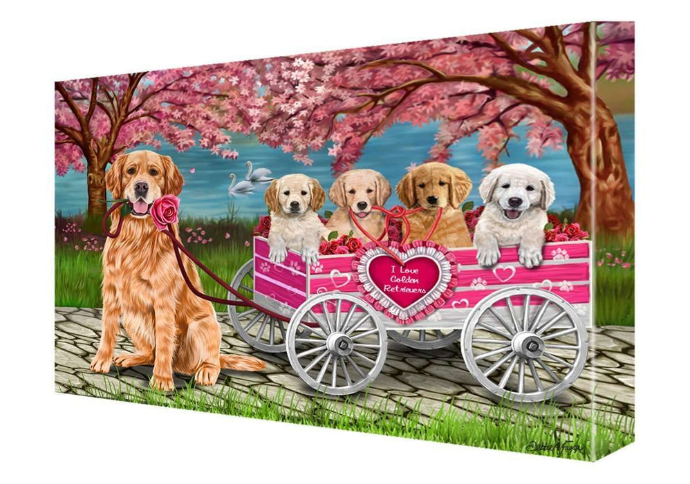 I Love Golden Retrievers Dogs in a Cart Canvas Wall Art Signed