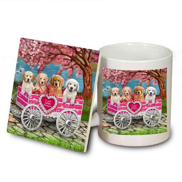 I Love Golden Retrievers Dogs in a Cart Mug and Coaster Set