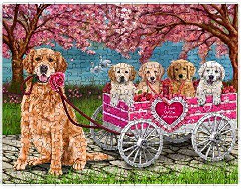 I Love Golden Retrievers Dogs in a Cart Puzzle with Photo Tin