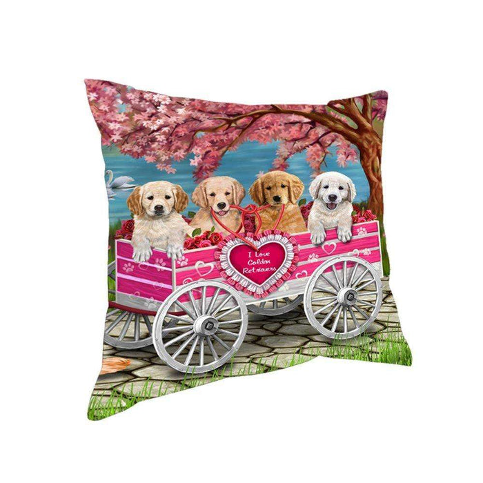I Love Golden Retrievers Dogs in a Cart Throw Pillow