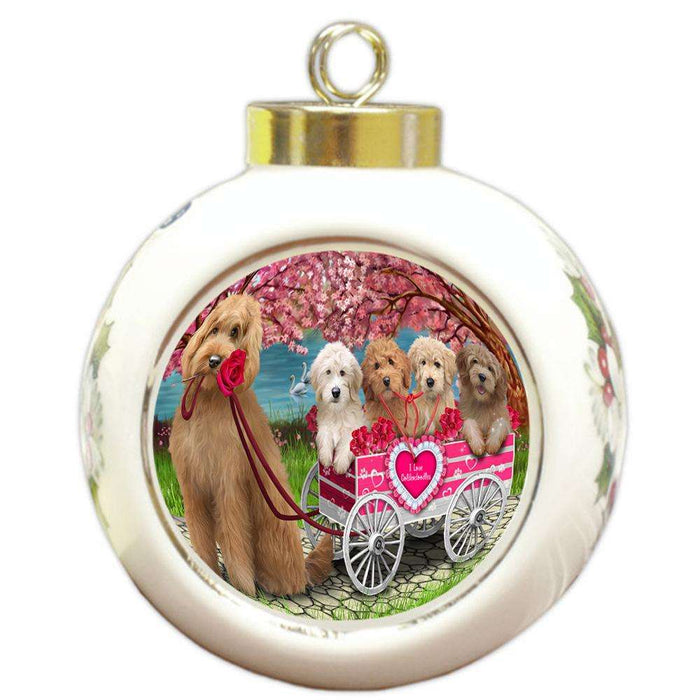 I Love Goldendoodles Dog in a Cart Round Ball Christmas Ornament RBPOR51702