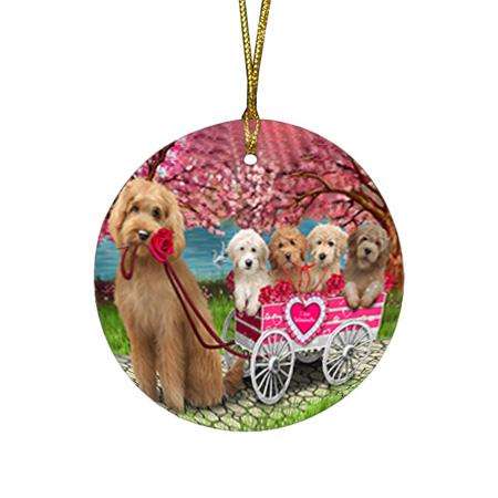 I Love Goldendoodles Dog in a Cart Round Flat Christmas Ornament RFPOR51693