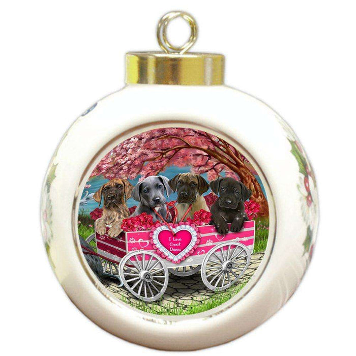 I Love Great Danes Dog in a Cart Round Ball Christmas Ornament RBPOR48565