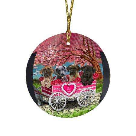 I Love Great Danes Dog in a Cart Round Christmas Ornament RFPOR48569
