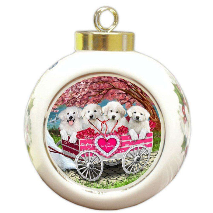 I Love Great Pyrenees Dogs in a Cart Round Ball Christmas Ornament RBPOR48140