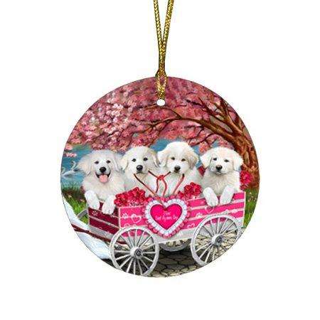 I Love Great Pyrenees Dogs in a Cart Round Christmas Ornament RFPOR48131