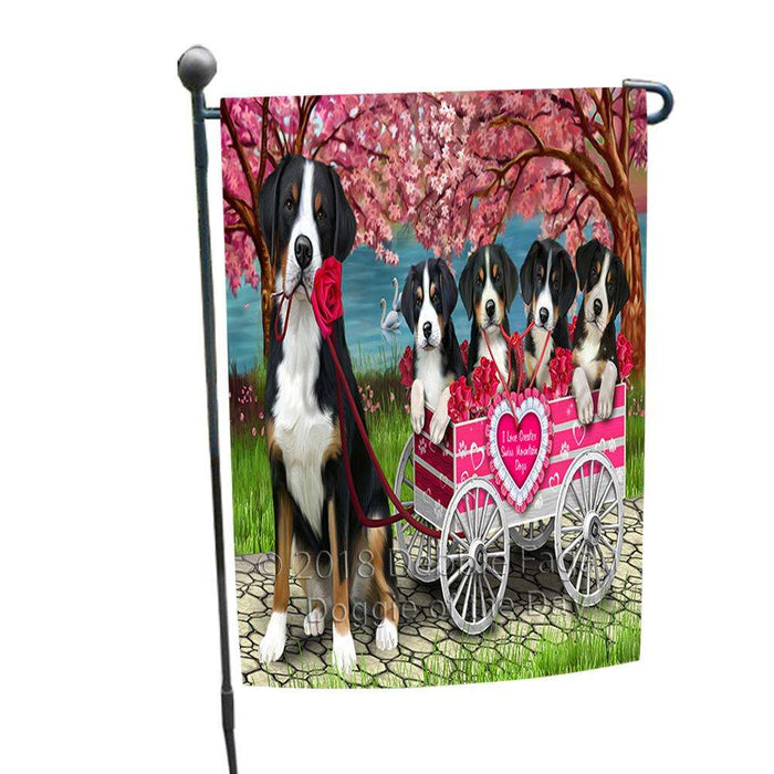 I Love Greater Swiss Mountain Dog in a Cart Art Portrait Garden Flag GFLG52790