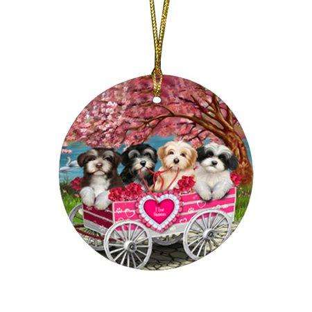 I Love Havanese Dogs in a Cart Round Christmas Ornament RFPOR48132
