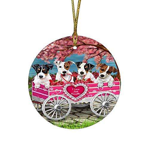 I Love Jack Russell Dogs in a Cart Round Christmas Ornament
