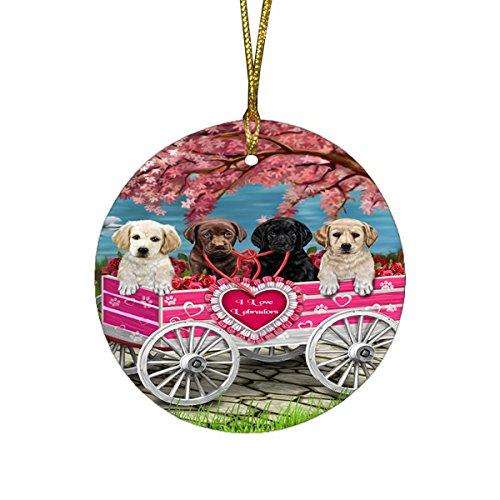 I Love Labrador Dogs in a Cart Round Christmas Ornament