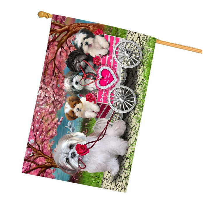 I Love Lhasa Apso Dogs in a Cart House Flag