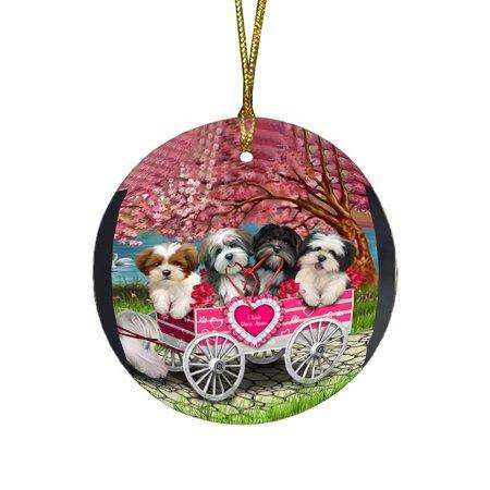 I Love Lhasa Apsos Dog in a Cart Round Christmas Ornament RFPOR48570