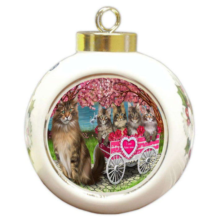 I Love Maine Coons Cat in a Cart Round Ball Christmas Ornament RBPOR51703