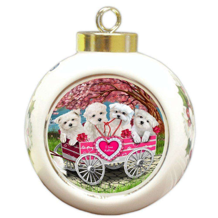 I Love Malteses Dog in a Cart Round Ball Christmas Ornament RBPOR48567