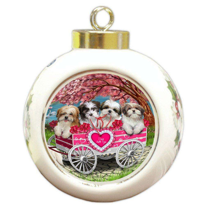 I Love Malti Tzus Dog in a Cart Round Ball Christmas Ornament RBPOR48142