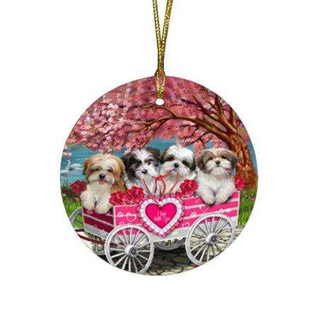 I Love Malti Tzus Dog in a Cart Round Christmas Ornament RFPOR48133