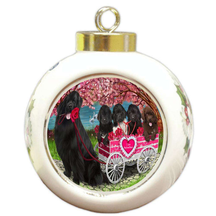 I Love Newfoundland Dogs in a Cart Round Ball Christmas Ornament RBPOR54210