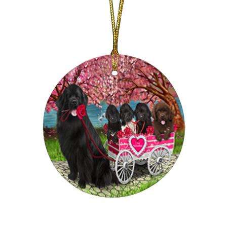I Love Newfoundland Dogs in a Cart Round Flat Christmas Ornament RFPOR54201