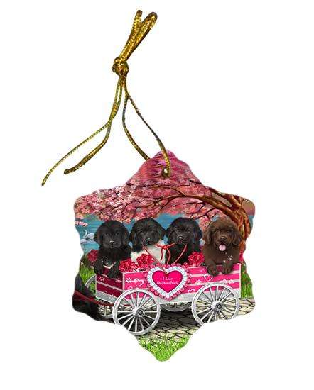 I Love Newfoundland Dogs in a Cart Star Porcelain Ornament SPOR54201