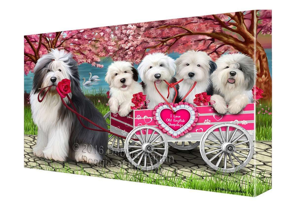 I Love Old English Sheepdog Dogs in a Cart Canvas Wall Art