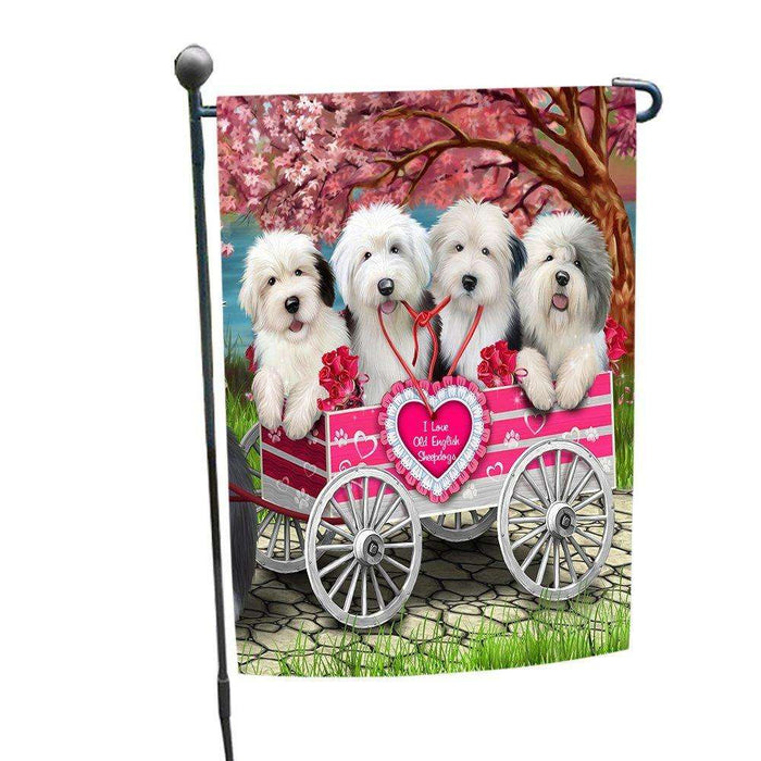 I Love Old English Sheepdog Dogs in a Cart Garden Flag