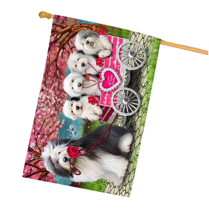 I Love Old English Sheepdog Dogs in a Cart House Flag
