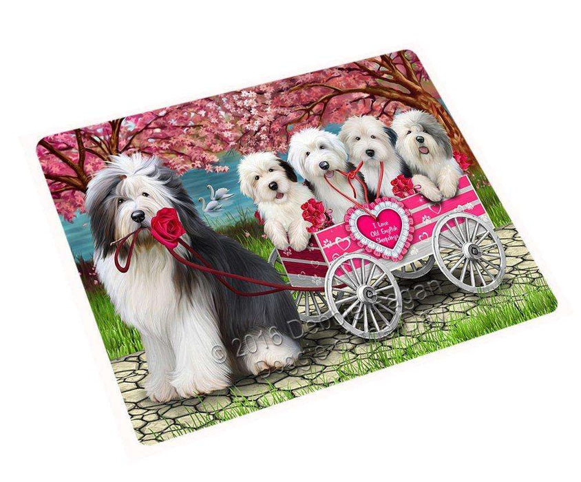 I Love Old English Sheepdog Dogs in a Cart Tempered Cutting Board