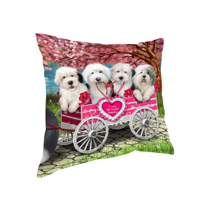 I Love Old English Sheepdog Dogs in a Cart Throw Pillow D070