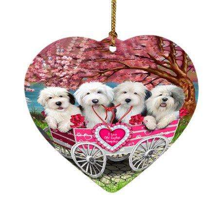 I Love Old English Sheepdogs Dog in a Cart Heart Christmas Ornament HPOR48581