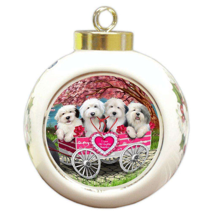 I Love Old English Sheepdogs Dog in a Cart Round Ball Christmas Ornament RBPOR48568