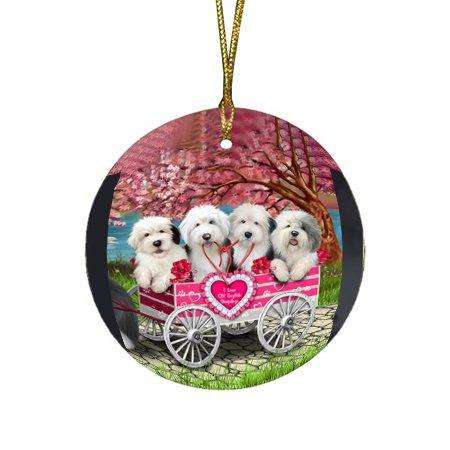 I Love Old English Sheepdogs Dog in a Cart Round Christmas Ornament RFPOR48572