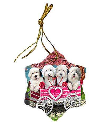 I Love Old English Sheepdogs Dog in a Cart Star Porcelain Ornament SPOR48515