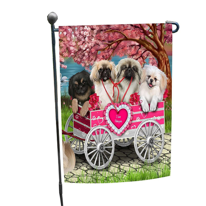 I Love Pekingese Dogs in a Cart Garden Flag