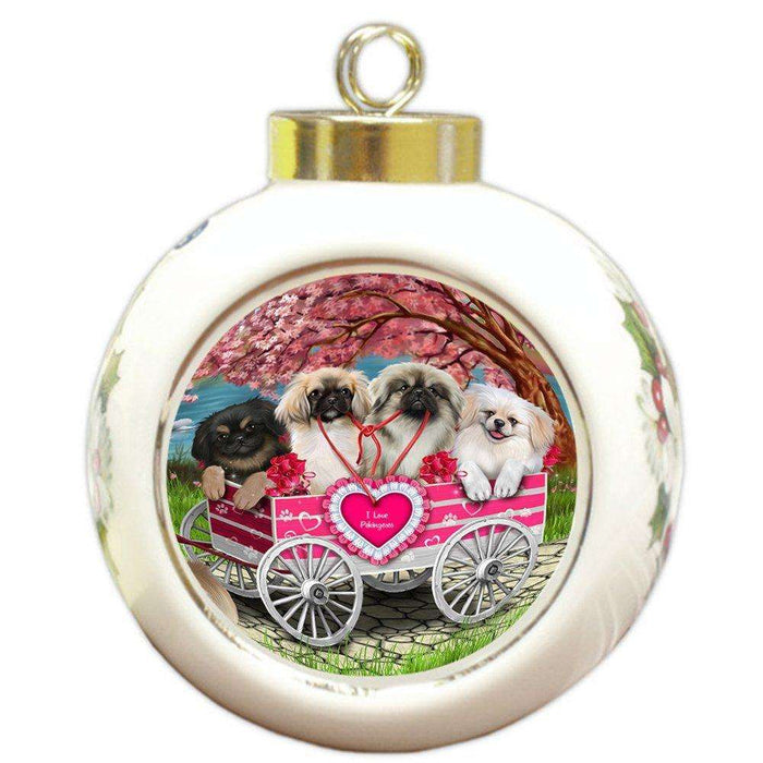 I Love Pekingeses Dog in a Cart Round Ball Christmas Ornament RBPOR48569