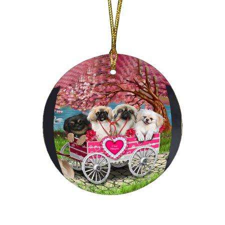 I Love Pekingeses Dog in a Cart Round Christmas Ornament RFPOR48573