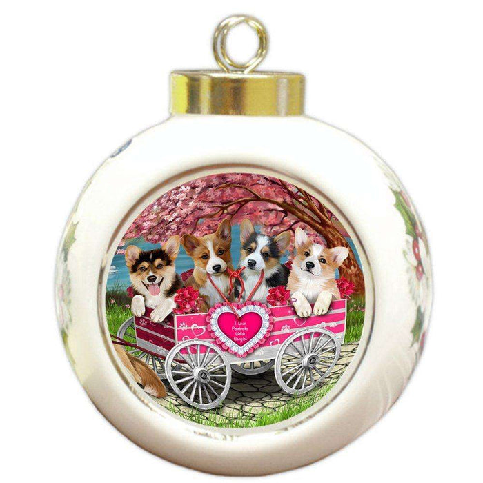 I Love Pembroke Welsh Corgies Dog in a Cart Round Ball Christmas Ornament RBPOR48570