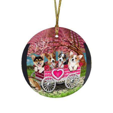 I Love Pembroke Welsh Corgies Dog in a Cart Round Christmas Ornament RFPOR48574