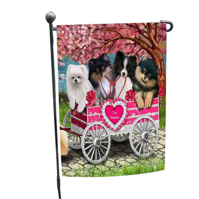 I Love Pomeranian Dogs in a Cart Garden Flag