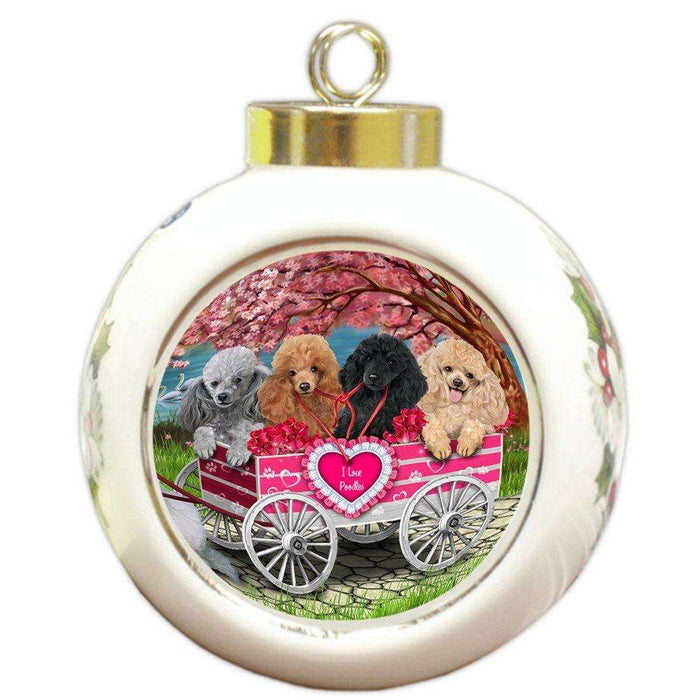 I Love Poodles Dog in a Cart Round Ball Christmas Ornament RBPOR48572