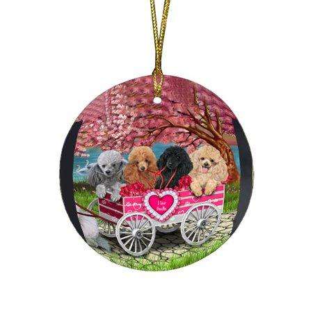 I Love Poodles Dog in a Cart Round Christmas Ornament RFPOR48576