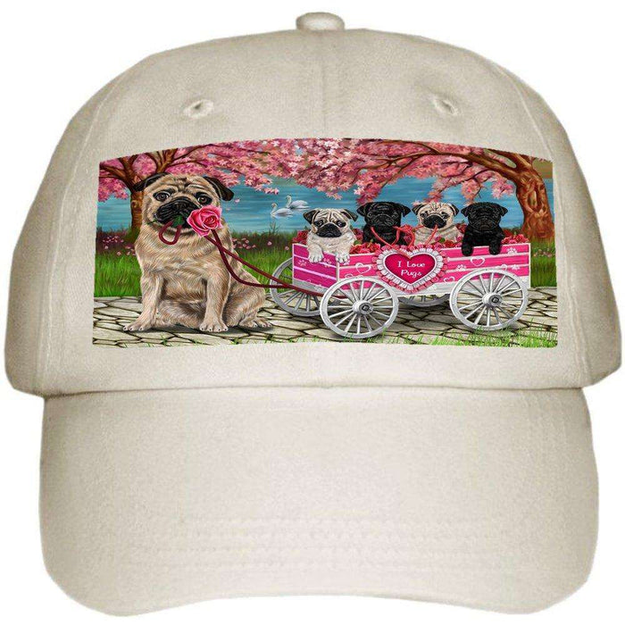 I Love Pug Dogs in a Cart Ball Hat Cap Off White
