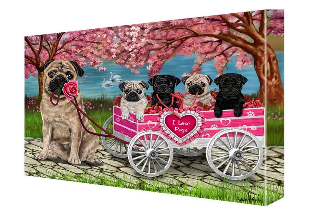 I Love Pug Dogs in a Cart Canvas Wall Art Signed