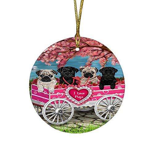 I Love Pug Dogs in a Cart Round Christmas Ornament